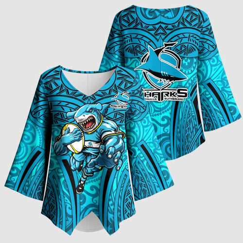 Cronulla Sutherland Sharks Rugby Kimono Sleeve Blouse Polynesian Tribal Shark Warrior Ocean Blue Pattern