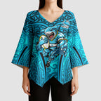Cronulla Sutherland Sharks Rugby Kimono Sleeve Blouse Polynesian Tribal Shark Warrior Ocean Blue Pattern