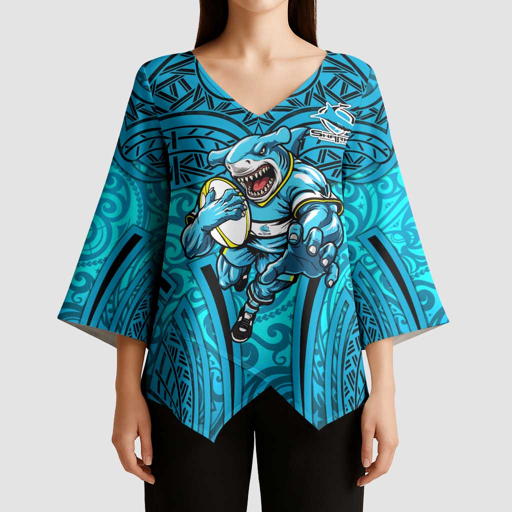Cronulla Sutherland Sharks Rugby Kimono Sleeve Blouse Polynesian Tribal Shark Warrior Ocean Blue Pattern