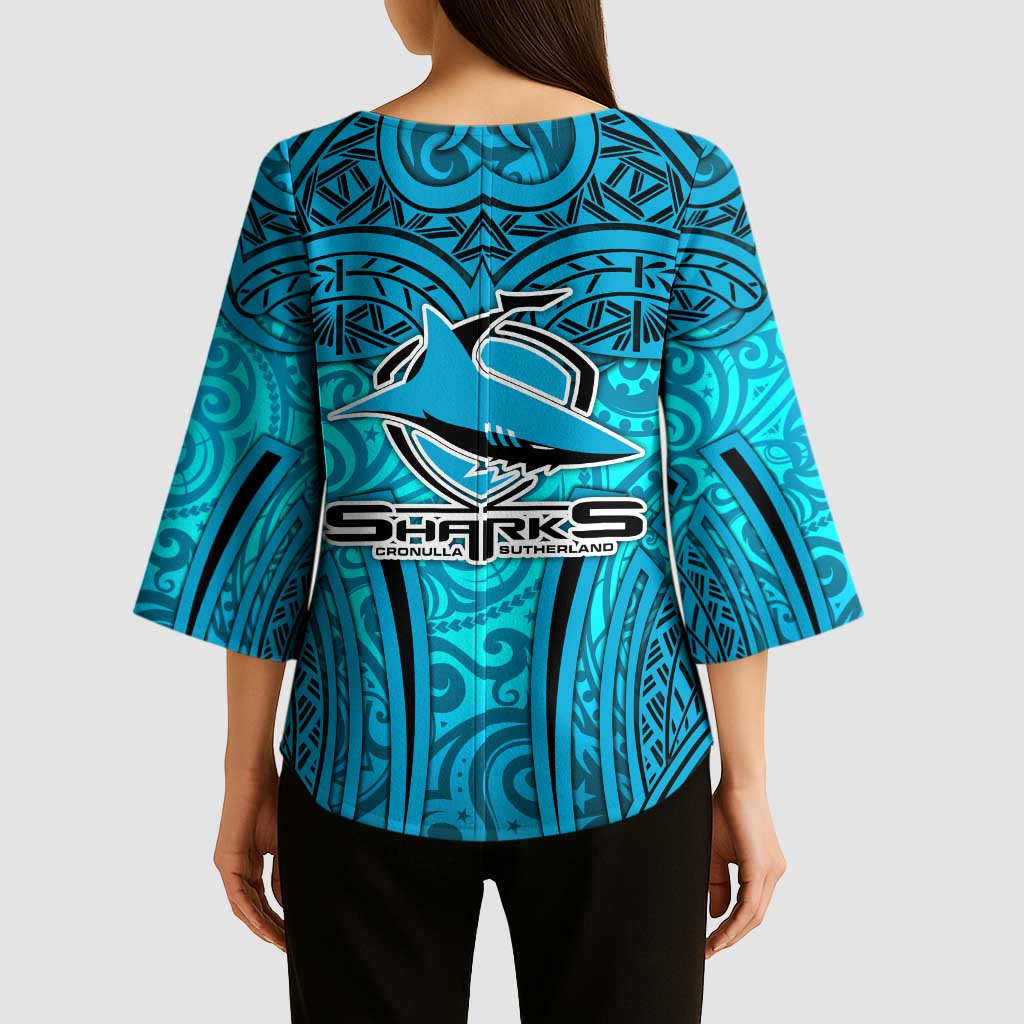 Cronulla Sutherland Sharks Rugby Kimono Sleeve Blouse Polynesian Tribal Shark Warrior Ocean Blue Pattern