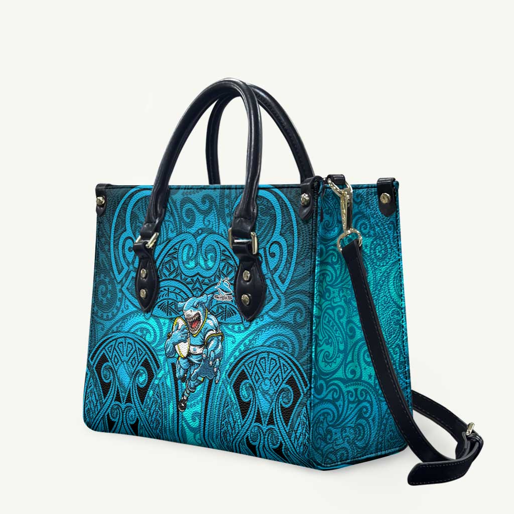 Cronulla Sutherland Sharks Rugby Leather Bag Polynesian Tribal Shark Warrior Ocean Blue Pattern