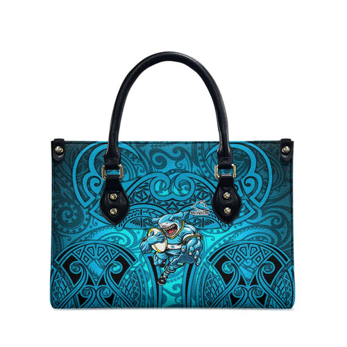 Cronulla Sutherland Sharks Rugby Leather Bag Polynesian Tribal Shark Warrior Ocean Blue Pattern
