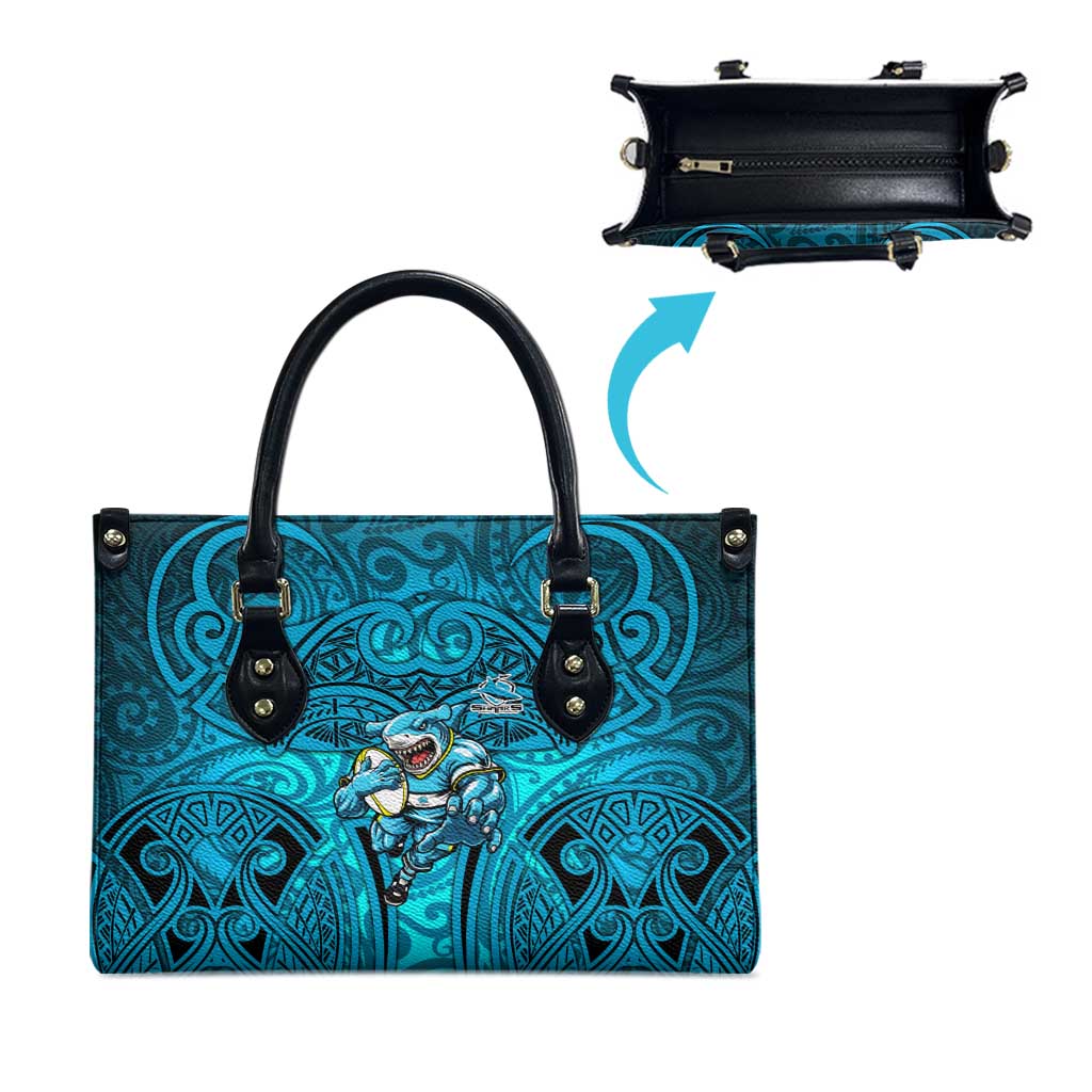 Cronulla Sutherland Sharks Rugby Leather Bag Polynesian Tribal Shark Warrior Ocean Blue Pattern