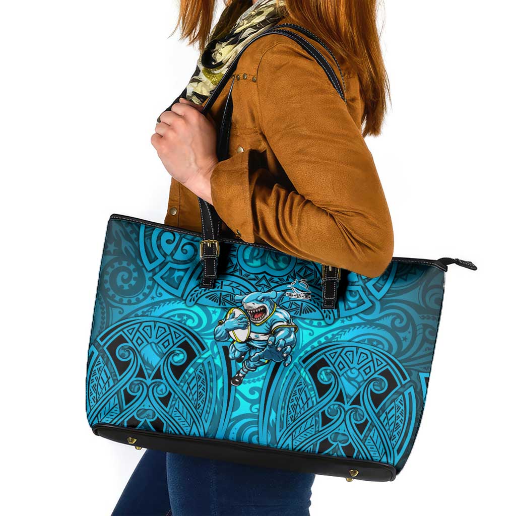 Cronulla Sutherland Sharks Rugby Leather Tote Bag Polynesian Tribal Shark Warrior Ocean Blue Pattern