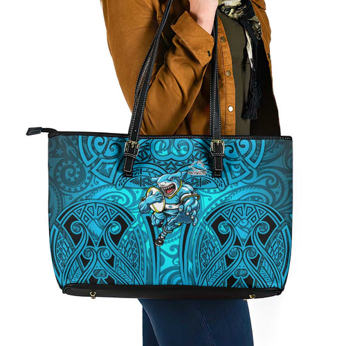 Cronulla Sutherland Sharks Rugby Leather Tote Bag Polynesian Tribal Shark Warrior Ocean Blue Pattern