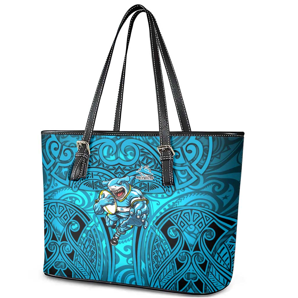 Cronulla Sutherland Sharks Rugby Leather Tote Bag Polynesian Tribal Shark Warrior Ocean Blue Pattern