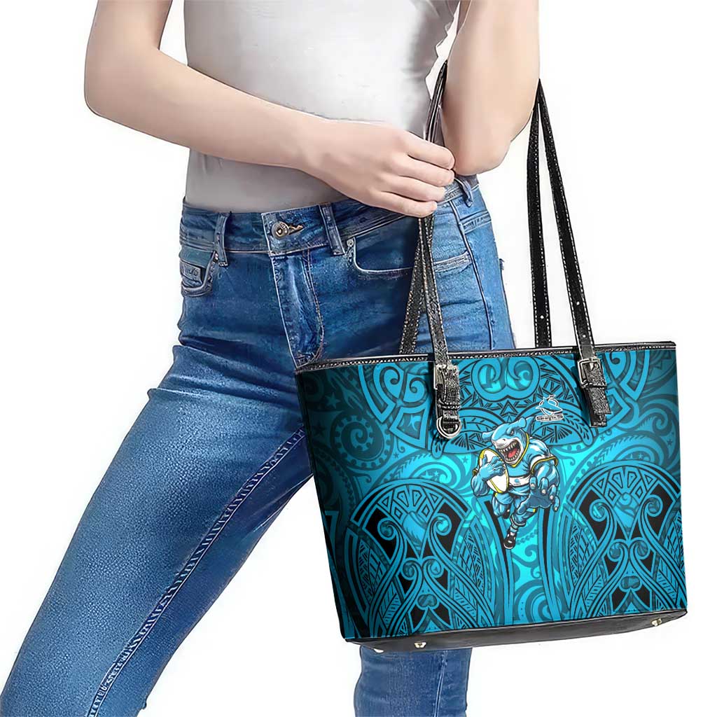 Cronulla Sutherland Sharks Rugby Leather Tote Bag Polynesian Tribal Shark Warrior Ocean Blue Pattern