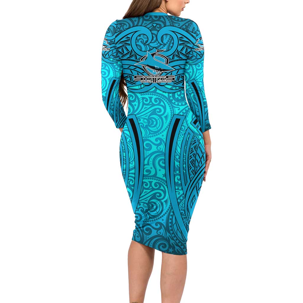 Cronulla Sutherland Sharks Rugby Long Sleeve Bodycon Dress Polynesian Tribal Shark Warrior Ocean Blue Pattern