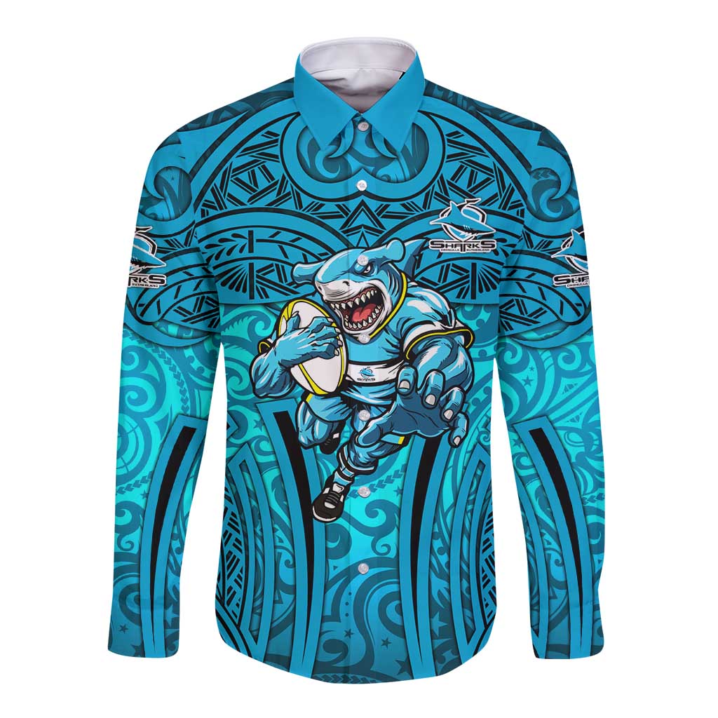 Cronulla Sutherland Sharks Rugby Long Sleeve Button Shirt Polynesian Tribal Shark Warrior Ocean Blue Pattern