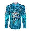 Cronulla Sutherland Sharks Rugby Long Sleeve Button Shirt Polynesian Tribal Shark Warrior Ocean Blue Pattern