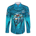 Cronulla Sutherland Sharks Rugby Long Sleeve Button Shirt Polynesian Tribal Shark Warrior Ocean Blue Pattern