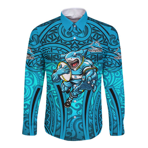 Cronulla Sutherland Sharks Rugby Long Sleeve Button Shirt Polynesian Tribal Shark Warrior Ocean Blue Pattern