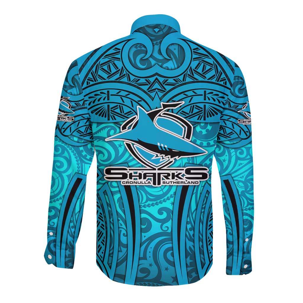 Cronulla Sutherland Sharks Rugby Long Sleeve Button Shirt Polynesian Tribal Shark Warrior Ocean Blue Pattern