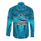 Cronulla Sutherland Sharks Rugby Long Sleeve Button Shirt Polynesian Tribal Shark Warrior Ocean Blue Pattern