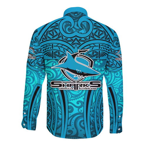 Cronulla Sutherland Sharks Rugby Long Sleeve Button Shirt Polynesian Tribal Shark Warrior Ocean Blue Pattern