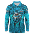 Cronulla Sutherland Sharks Rugby Long Sleeve Polo Shirt Polynesian Tribal Shark Warrior Ocean Blue Pattern
