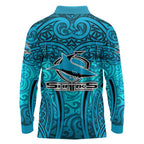 Cronulla Sutherland Sharks Rugby Long Sleeve Polo Shirt Polynesian Tribal Shark Warrior Ocean Blue Pattern