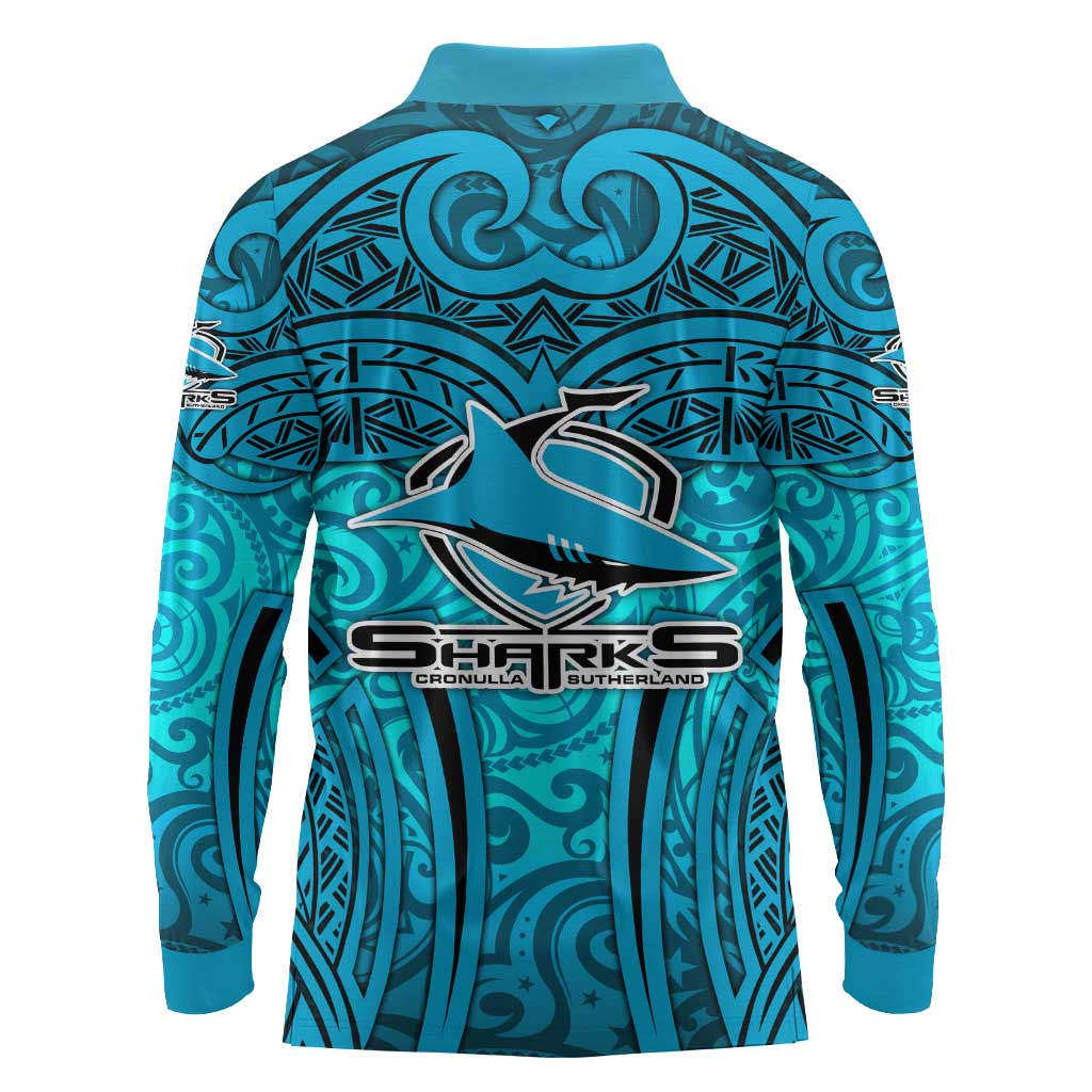 Cronulla Sutherland Sharks Rugby Long Sleeve Polo Shirt Polynesian Tribal Shark Warrior Ocean Blue Pattern