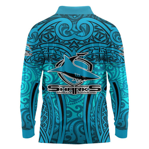 Cronulla Sutherland Sharks Rugby Long Sleeve Polo Shirt Polynesian Tribal Shark Warrior Ocean Blue Pattern