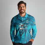 Cronulla Sutherland Sharks Rugby Long Sleeve Polo Shirt Polynesian Tribal Shark Warrior Ocean Blue Pattern