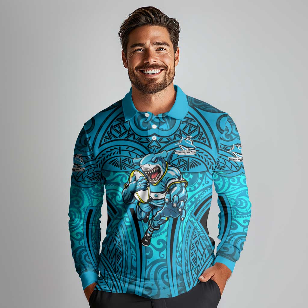 Cronulla Sutherland Sharks Rugby Long Sleeve Polo Shirt Polynesian Tribal Shark Warrior Ocean Blue Pattern
