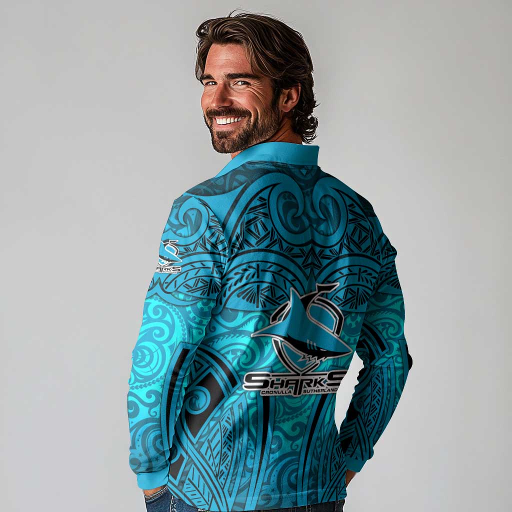 Cronulla Sutherland Sharks Rugby Long Sleeve Polo Shirt Polynesian Tribal Shark Warrior Ocean Blue Pattern