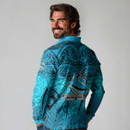 Cronulla Sutherland Sharks Rugby Long Sleeve Polo Shirt Polynesian Tribal Shark Warrior Ocean Blue Pattern