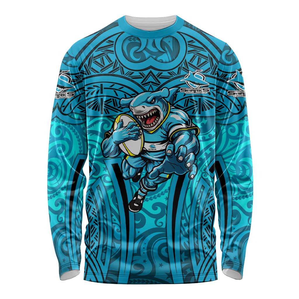 Cronulla Sutherland Sharks Rugby Long Sleeve Shirt Polynesian Tribal Shark Warrior Ocean Blue Pattern