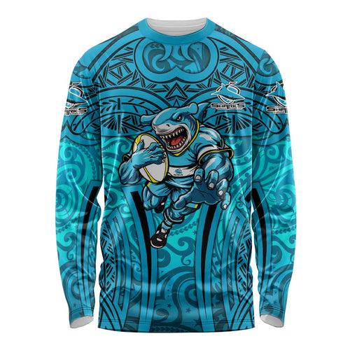Cronulla Sutherland Sharks Rugby Long Sleeve Shirt Polynesian Tribal Shark Warrior Ocean Blue Pattern