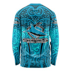 Cronulla Sutherland Sharks Rugby Long Sleeve Shirt Polynesian Tribal Shark Warrior Ocean Blue Pattern