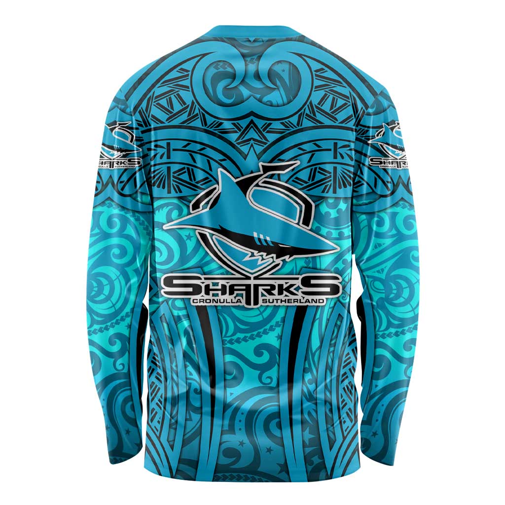 Cronulla Sutherland Sharks Rugby Long Sleeve Shirt Polynesian Tribal Shark Warrior Ocean Blue Pattern