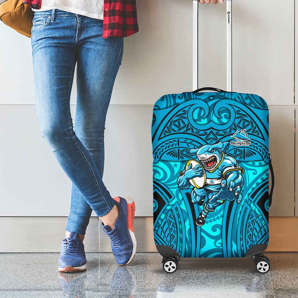 Cronulla Sutherland Sharks Rugby Luggage Cover Polynesian Tribal Shark Warrior Ocean Blue Pattern
