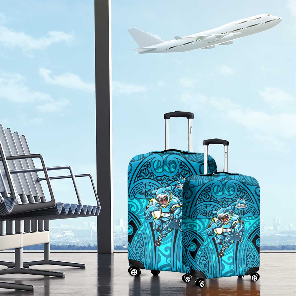 Cronulla Sutherland Sharks Rugby Luggage Cover Polynesian Tribal Shark Warrior Ocean Blue Pattern
