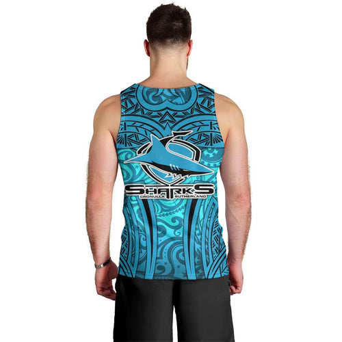 Cronulla Sutherland Sharks Rugby Men Tank Top Polynesian Tribal Shark Warrior Ocean Blue Pattern