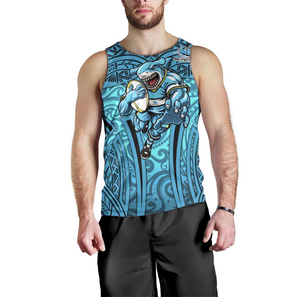 Cronulla Sutherland Sharks Rugby Men Tank Top Polynesian Tribal Shark Warrior Ocean Blue Pattern