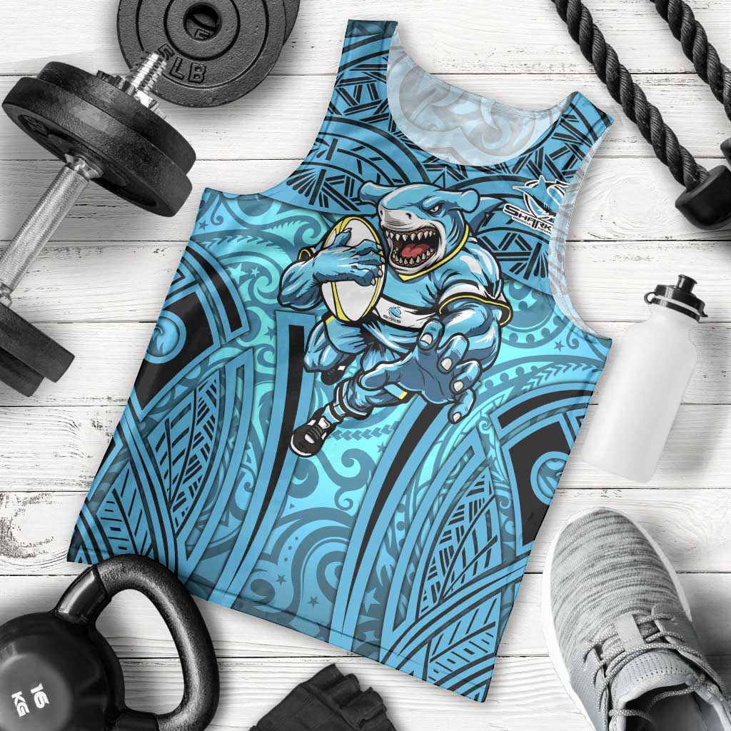 Cronulla Sutherland Sharks Rugby Men Tank Top Polynesian Tribal Shark Warrior Ocean Blue Pattern