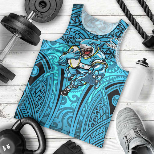 Cronulla Sutherland Sharks Rugby Men Tank Top Polynesian Tribal Shark Warrior Ocean Blue Pattern