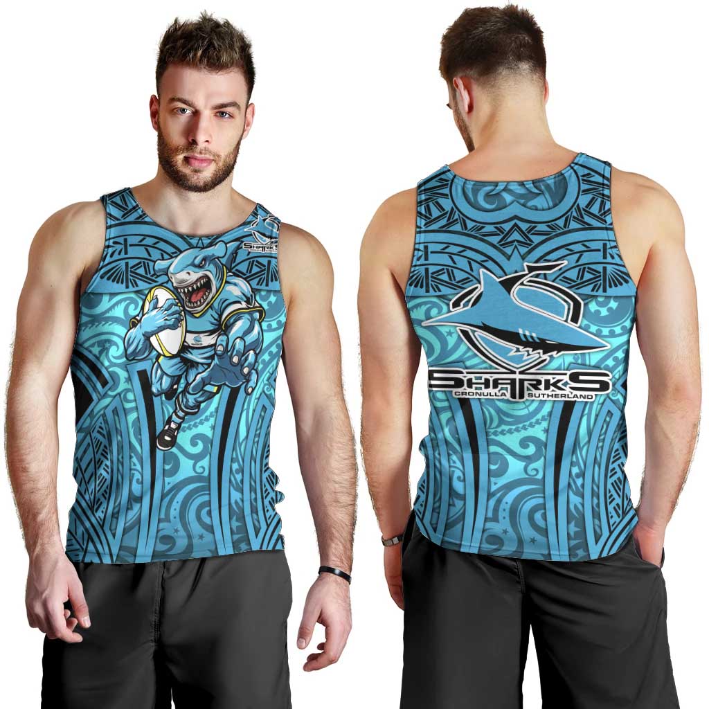 Cronulla Sutherland Sharks Rugby Men Tank Top Polynesian Tribal Shark Warrior Ocean Blue Pattern