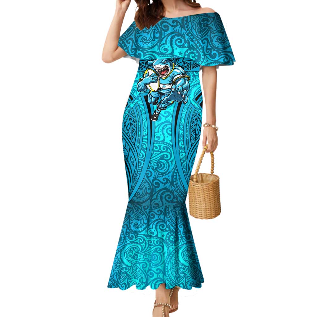 Cronulla Sutherland Sharks Rugby Mermaid Dress Polynesian Tribal Shark Warrior Ocean Blue Pattern