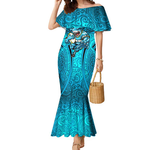 Cronulla Sutherland Sharks Rugby Mermaid Dress Polynesian Tribal Shark Warrior Ocean Blue Pattern