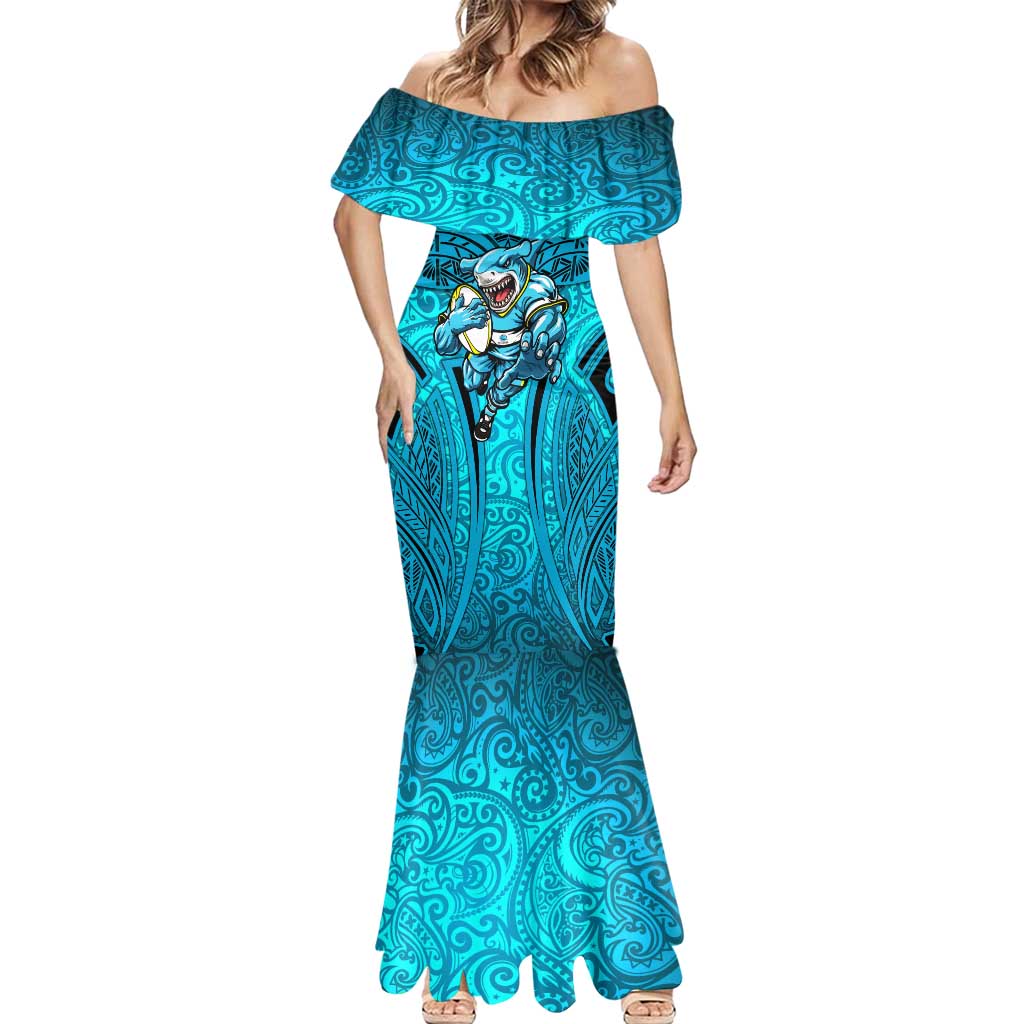 Cronulla Sutherland Sharks Rugby Mermaid Dress Polynesian Tribal Shark Warrior Ocean Blue Pattern
