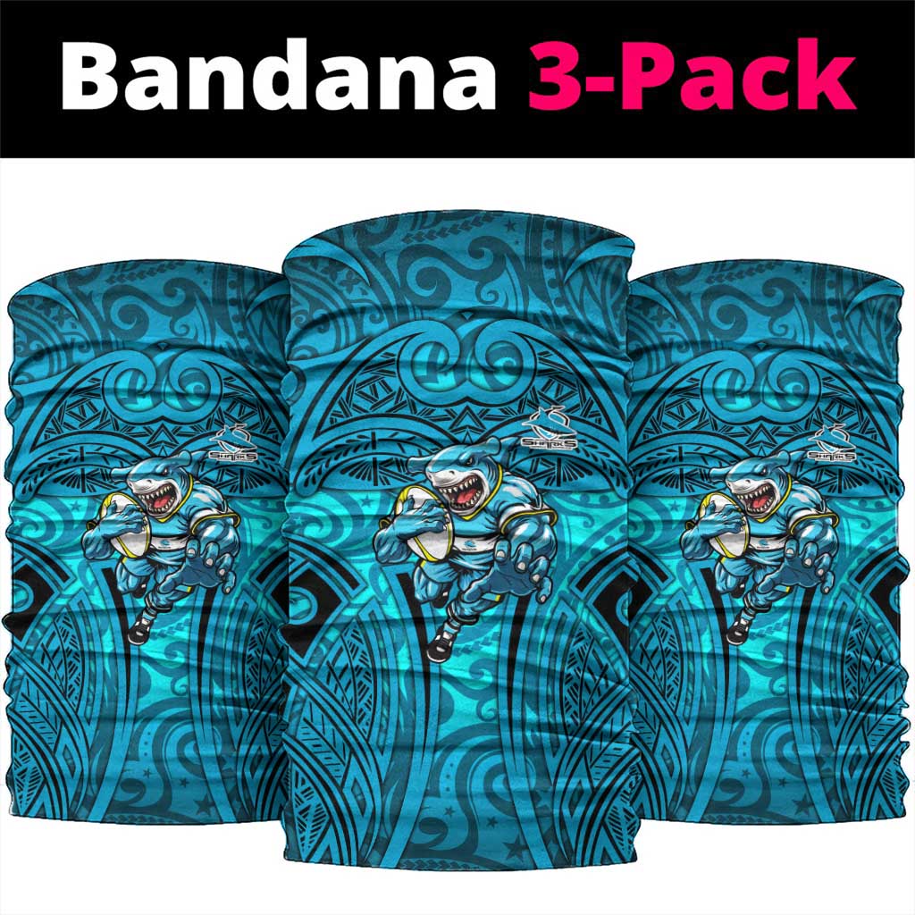 Cronulla Sutherland Sharks Rugby Neck Gaiter Polynesian Tribal Shark Warrior Ocean Blue Pattern
