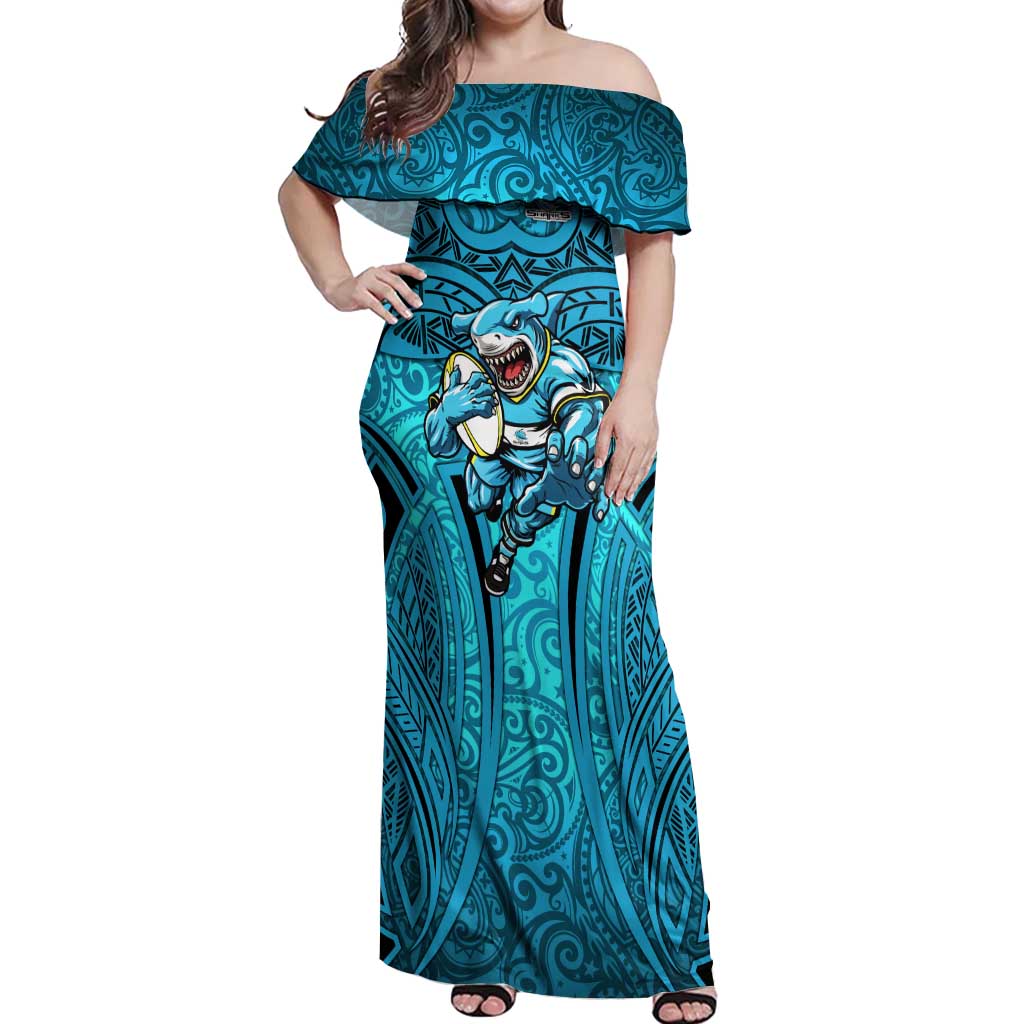 Cronulla Sutherland Sharks Rugby Off Shoulder Maxi Dress Polynesian Tribal Shark Warrior Ocean Blue Pattern