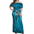 Cronulla Sutherland Sharks Rugby Off Shoulder Maxi Dress Polynesian Tribal Shark Warrior Ocean Blue Pattern
