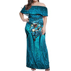 Cronulla Sutherland Sharks Rugby Off Shoulder Maxi Dress Polynesian Tribal Shark Warrior Ocean Blue Pattern