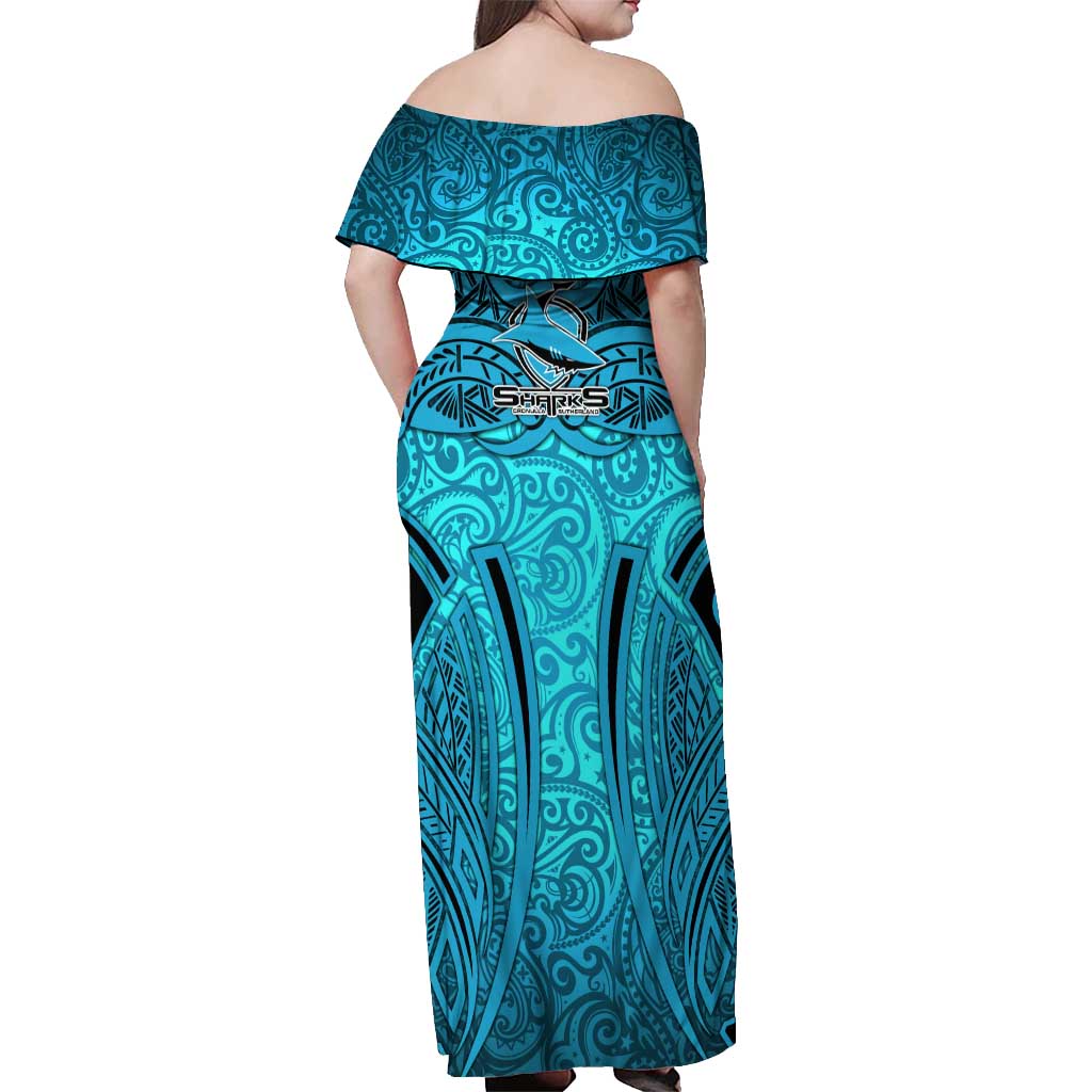 Cronulla Sutherland Sharks Rugby Off Shoulder Maxi Dress Polynesian Tribal Shark Warrior Ocean Blue Pattern