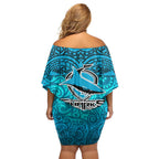 Cronulla Sutherland Sharks Rugby Off Shoulder Short Dress Polynesian Tribal Shark Warrior Ocean Blue Pattern