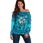 Cronulla Sutherland Sharks Rugby Off Shoulder Sweater Polynesian Tribal Shark Warrior Ocean Blue Pattern