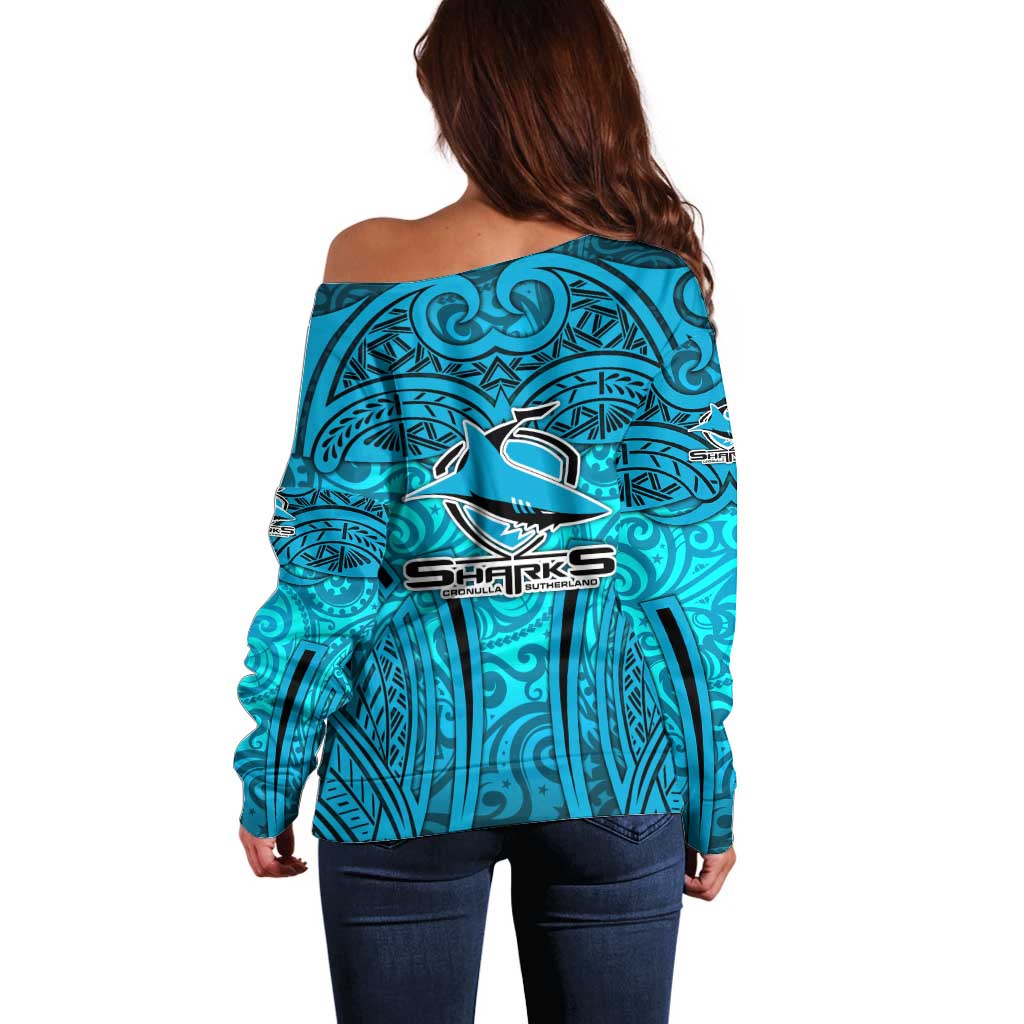 Cronulla Sutherland Sharks Rugby Off Shoulder Sweater Polynesian Tribal Shark Warrior Ocean Blue Pattern