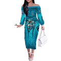 Cronulla Sutherland Sharks Rugby Off The Shoulder Long Sleeve Dress Polynesian Tribal Shark Warrior Ocean Blue Pattern